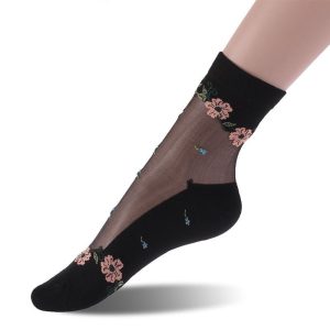 Chaussettes transparentes noires fleurs saumon