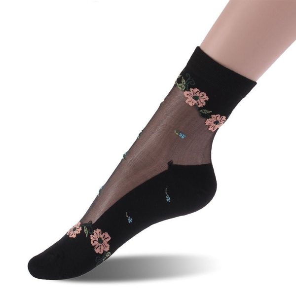 Chaussettes transparentes noires fleurs saumon